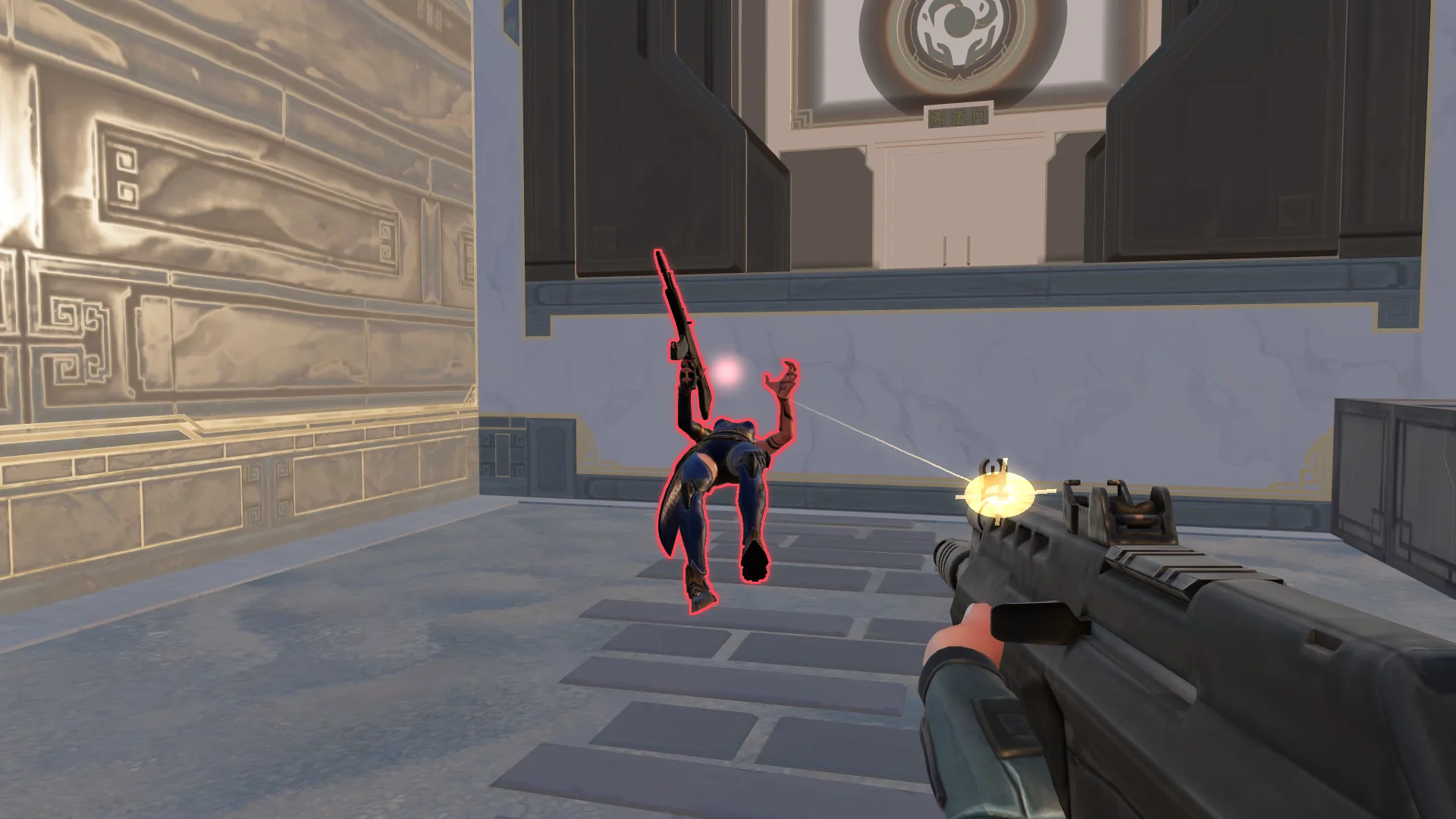 Your screen: your Vandal fires, and the player you hit falls.